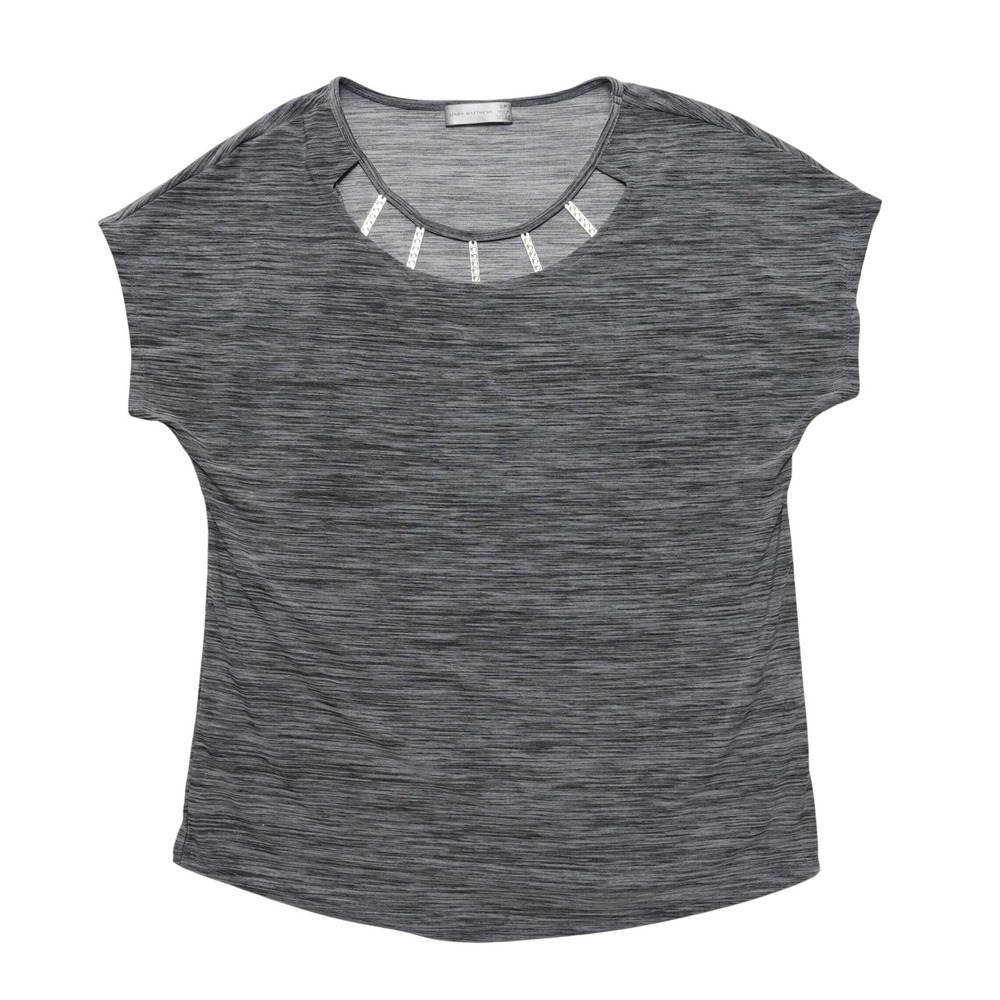 Linda Matthews Top Womens Small Gray Space Dye Rhinestone Embellished Cutout